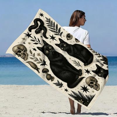 Gothic Black Cat Skull Mushroom Print Beach Towel Quick Dry Microfiber Sand Free Absorbent Washable for Summer Pool Travel