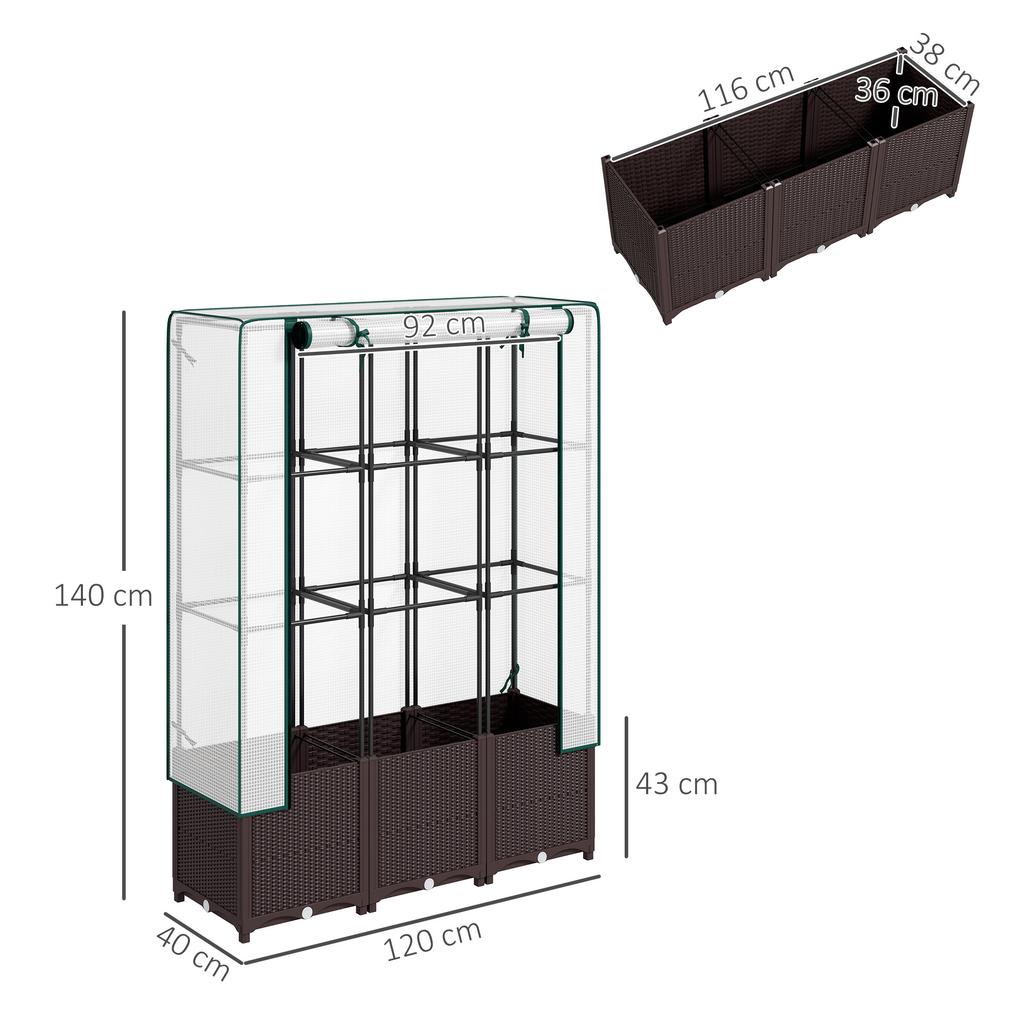 Raised Garden Bed with Trellis, Plastic Planter Box with PE Cover, Drainage Holes, Drain Plugs and Water Reservoirs for Climbing Plants, Vegetables