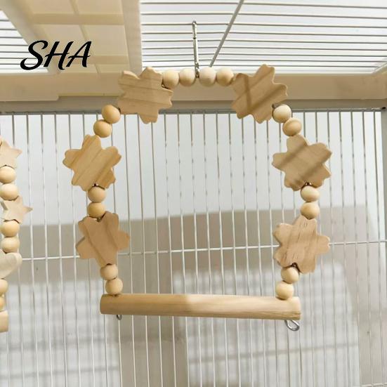 Non-slip Bird Perch Parrot Swing Perch, Solid Wood Pole, Wooden Blocks And Toy Natural Beads Arch, Unpainted for Small Medium Parrots Climbing