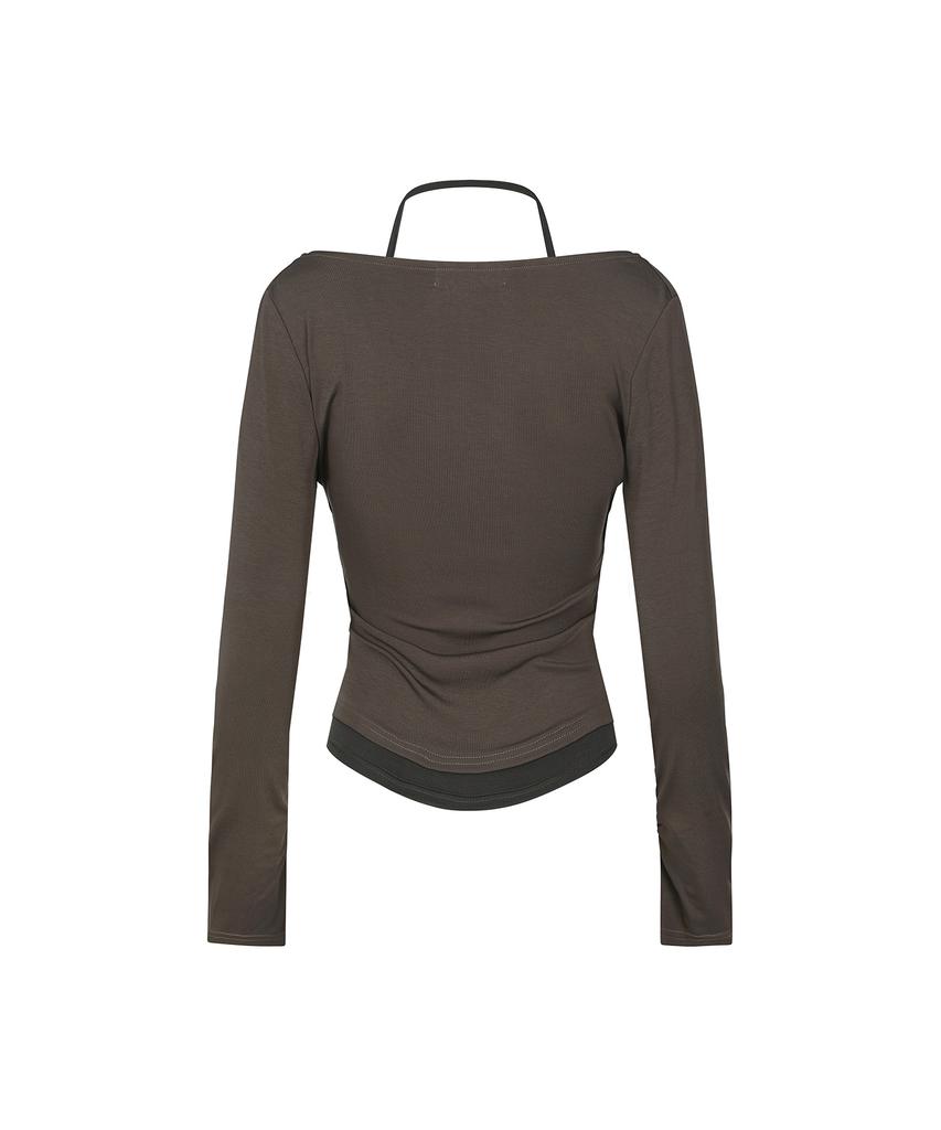 SECONDMONO 2-Way Layered Cowl Neck Top [Brown]_Sewts037Brown