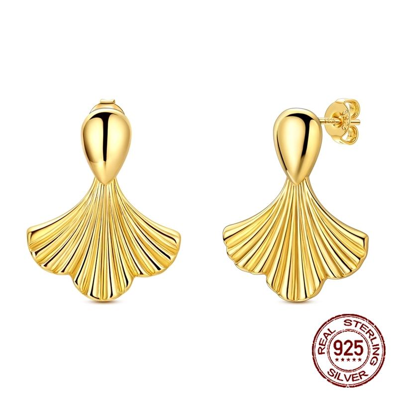 925 Sterling Silver Golden Ginkgo Leaf Drop Earrings Textured Shell Fan Ribbed Dangle Earrings Jewelry Gift for Women Girls