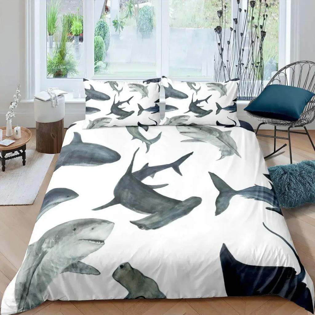 Shark Fish Print Bedding Set Cute Underwater Animal Duvet Cover Set Wonderful Gifts For Children Teens Adult Comforter Cover Set