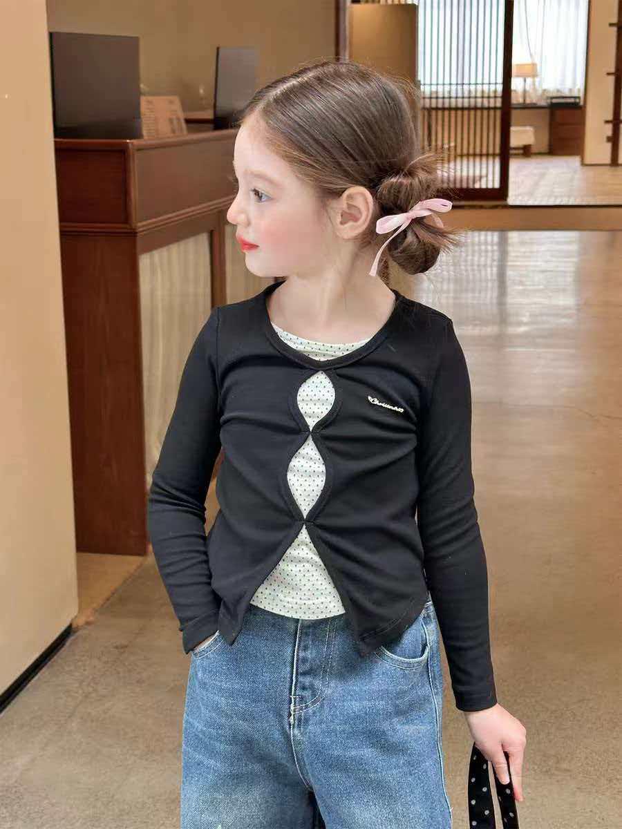 Girls  Cotton Faux Layered Polka Dot Long Sleeve T-Shirt - Autumn Style 80cm for 65-73cm height чёрный