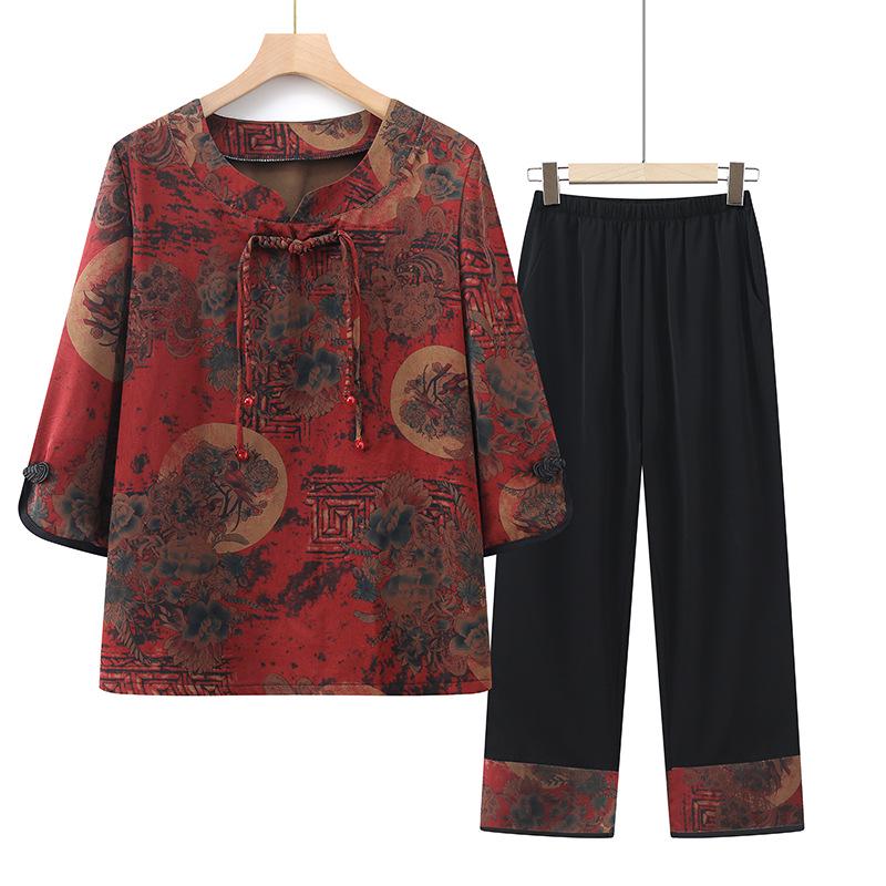 

Grandma s Summer Chinese Style Outfit: 3/4 Sleeve Top & Pants Set for Elderly Ladies XL (Recommended 80-100 jin) червоний