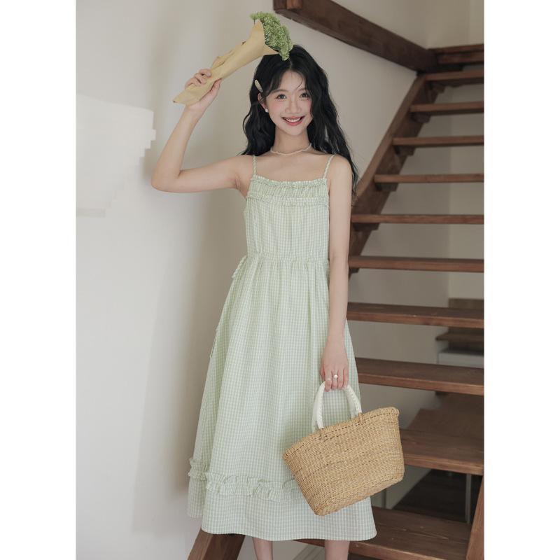 

Летний колледжский стиль милая зеленая клетчатая юбка-сарафан без рукавов с кружевной шнуровкой на талии M