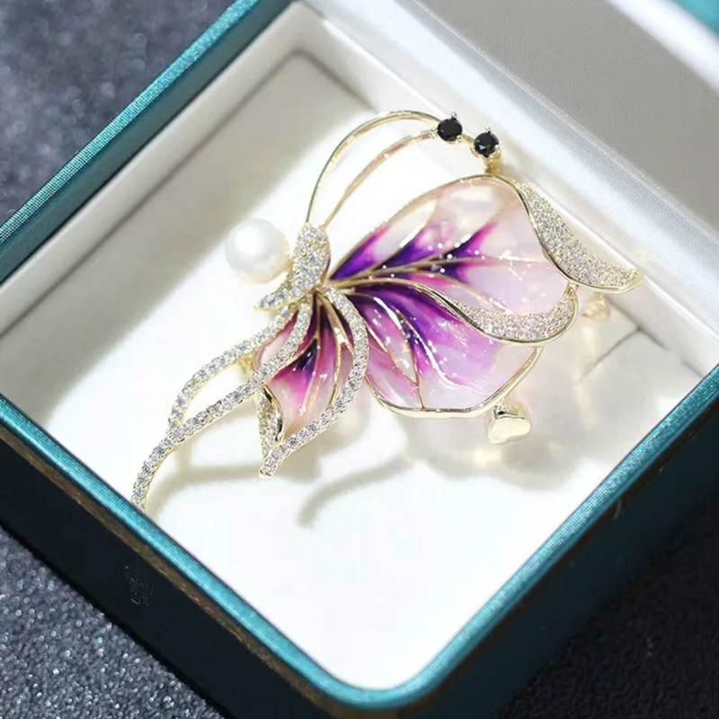 A52E Rhinestones Imitation Pearls Butterfly Brooch Chinese Lapel Pin Jewelry for Dresses Fashion Corsage Accessories