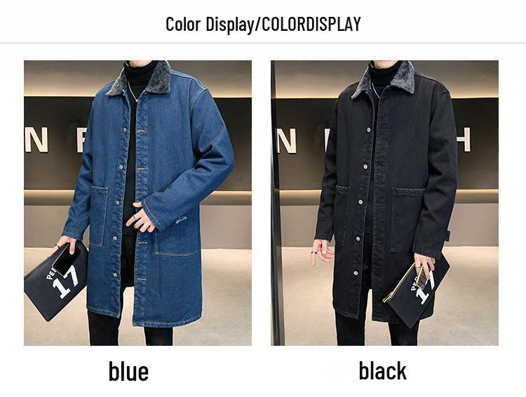 Men's Mid-Length Denim Trench Coat with Lamb Wool Lining - Winter Plus Size Loose Fit