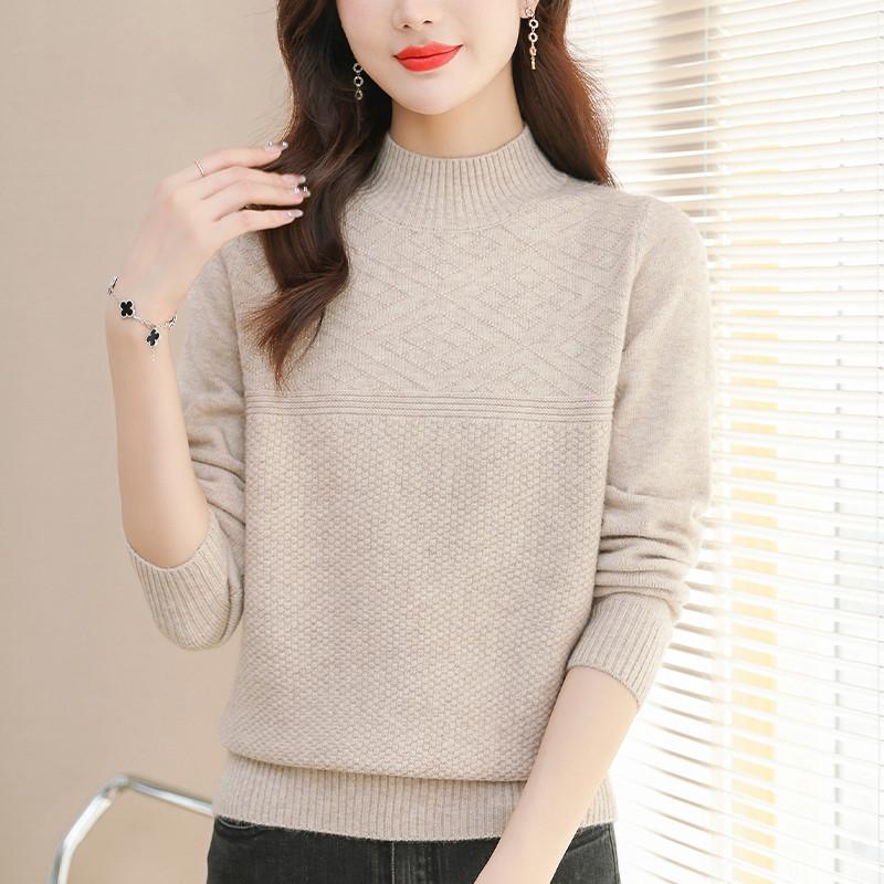 Einfarbiger Strickpullover Damen Halboher Kragen Lässiger Pullover Vielseitig Elastisch Langärmliger Pullover