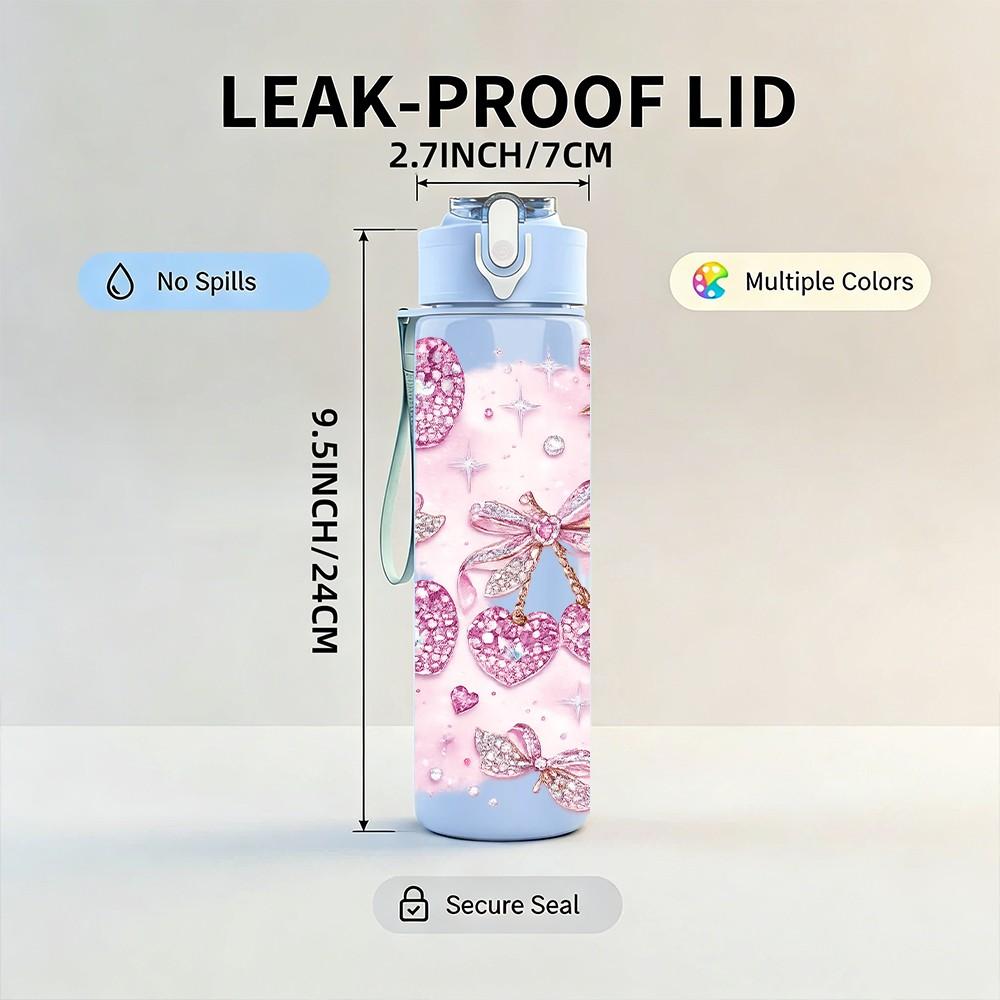 1PC Pink Bow Butterfly Decoration Print 750ml Color Plastic Sports Water Bottle Leakproof Flip Straw Lid Suitable for Sports Office Home Use