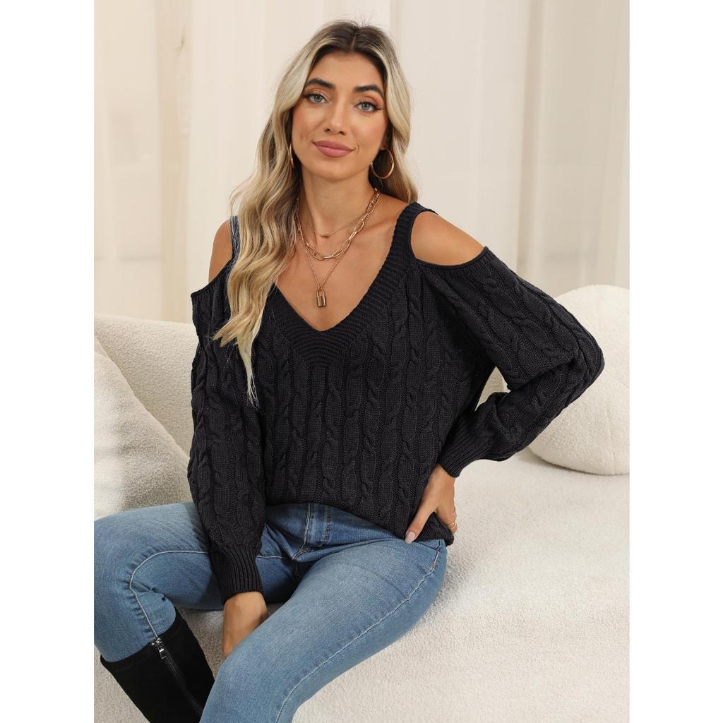 Women's Deep V Off Shoulder Loose Slouchy Knit Pullover Sweater, Fall Winter  Basic Top for Ladies