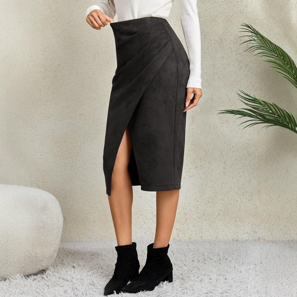 Women's Solid Color Pleated Suede Skirt High Waisted Buckle Wrapped Hip Short Skirt Middle Skirt