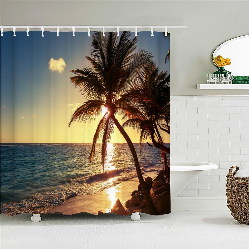 Sunset Dusk Beach Palm Tree Seaside Scenery Fabric Shower Curtain Waterproof Bath Curtains For Bathroom Decorate With 12 Hooks