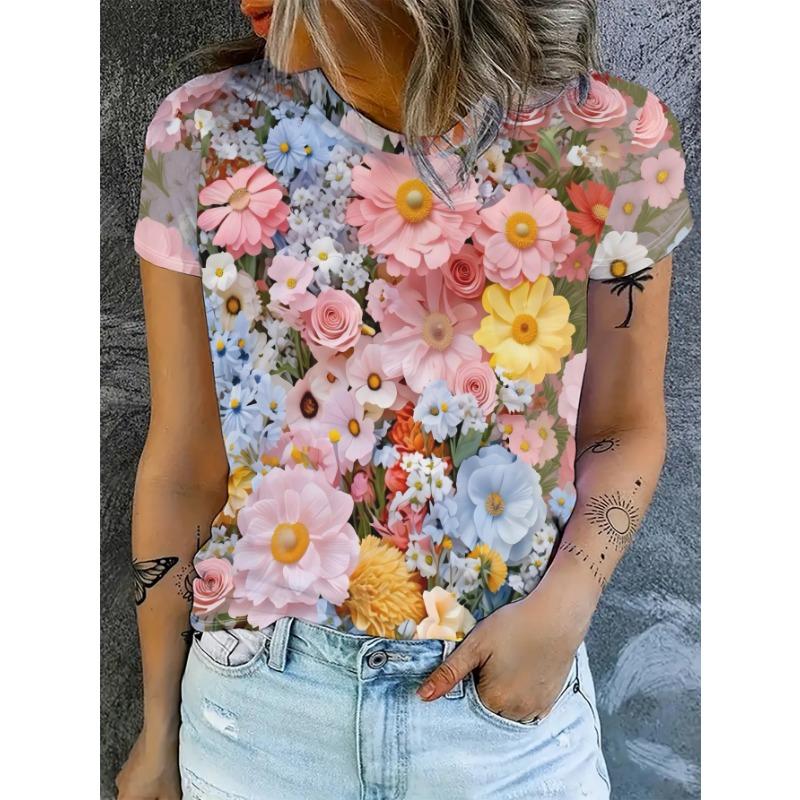 

Short-sleeved T-shirt, Printed with Colorful Flowers, Pink, Blue, Yellow and White Flowers, Fresh and Brilliant S