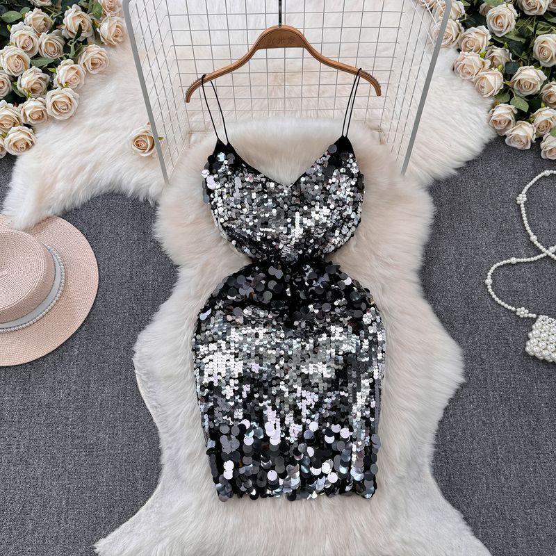 

Сексуальное платье на подтяжках Женское летнее Доступная роскошь Тяжелая вышивка Пайетки Юбка Сексуальное открытое платье с блестками в обтяжку Silver Black L