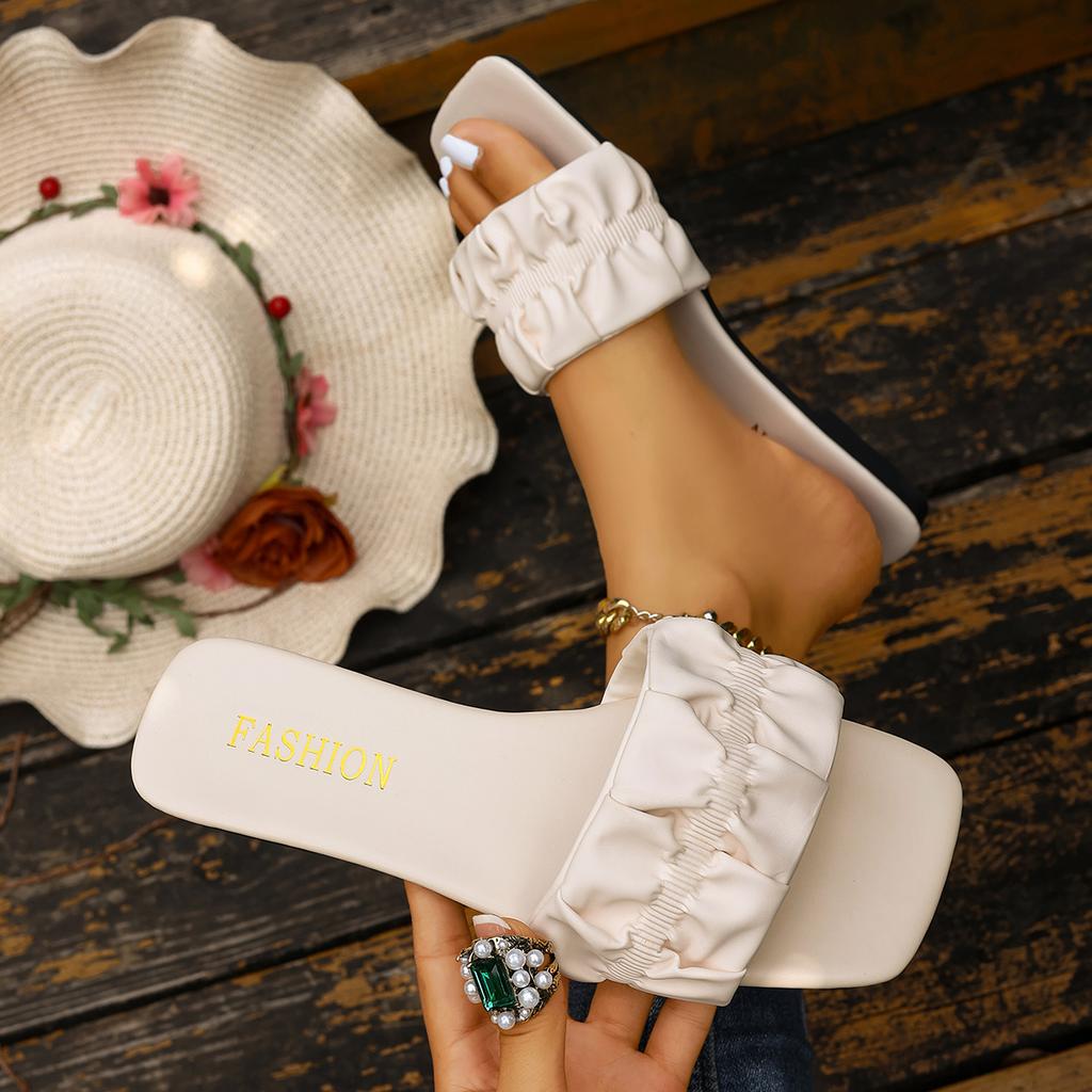 Fashion New Square Toe Thick Heel Solid Color Simple Elegant Comfortable Women's Shoes Summer Casual Metal Fashion Slippers