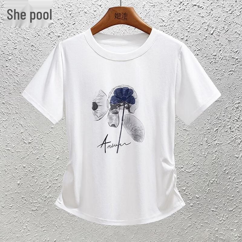 Women s Elegant Floral Print Short Sleeve T-Shirt M белый