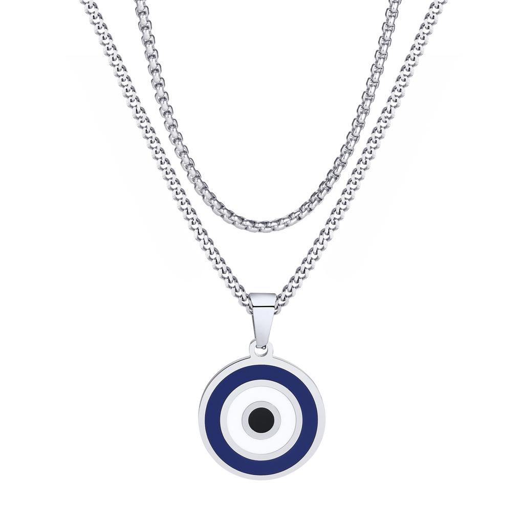 Vnox Turkish Lucky Double Layer Evil Eyes Pendant Necklace for Men, Stacked Blue Eye Necklace Set Jewelry Gift
