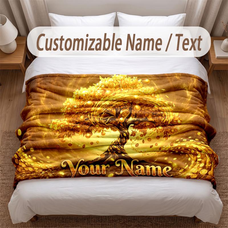 Tree of Life Theme Soft Blanket Personalized Custom Name Text Print Warm Blanket Home Sofa Bedroom Decor