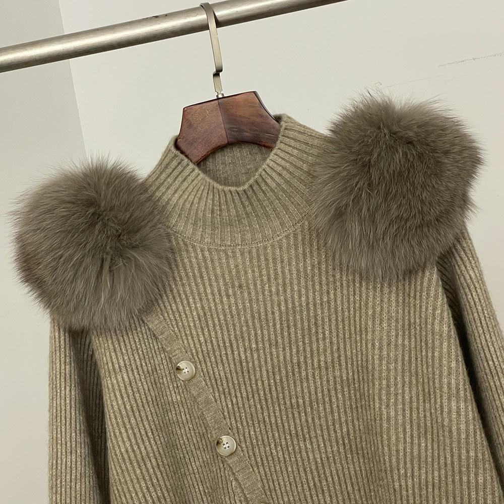 OFTBUY Weiche Frühling Herbst Bluse Echter Fuchspelz Warmer Strickanzug Oberteil T-Shirt Kapuzenpullover Damen Lässig Pullover Locker Dame Elegant Großhandel