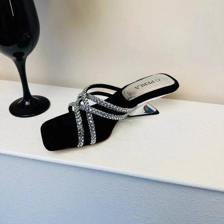 Rhinestone Word with Wedge Heel Slippers for Women To Wear In the Summer of 2024, New Fashion Temperament Square Head High Heel Cool Slippers