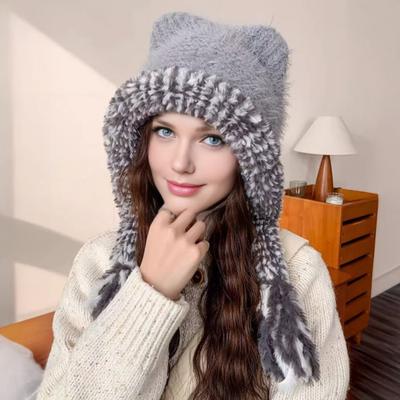 Women Hat Bear Ear Design Thickened Plush Ear Protection Hat Skiing Camping Travel Autumn Winter Headwear