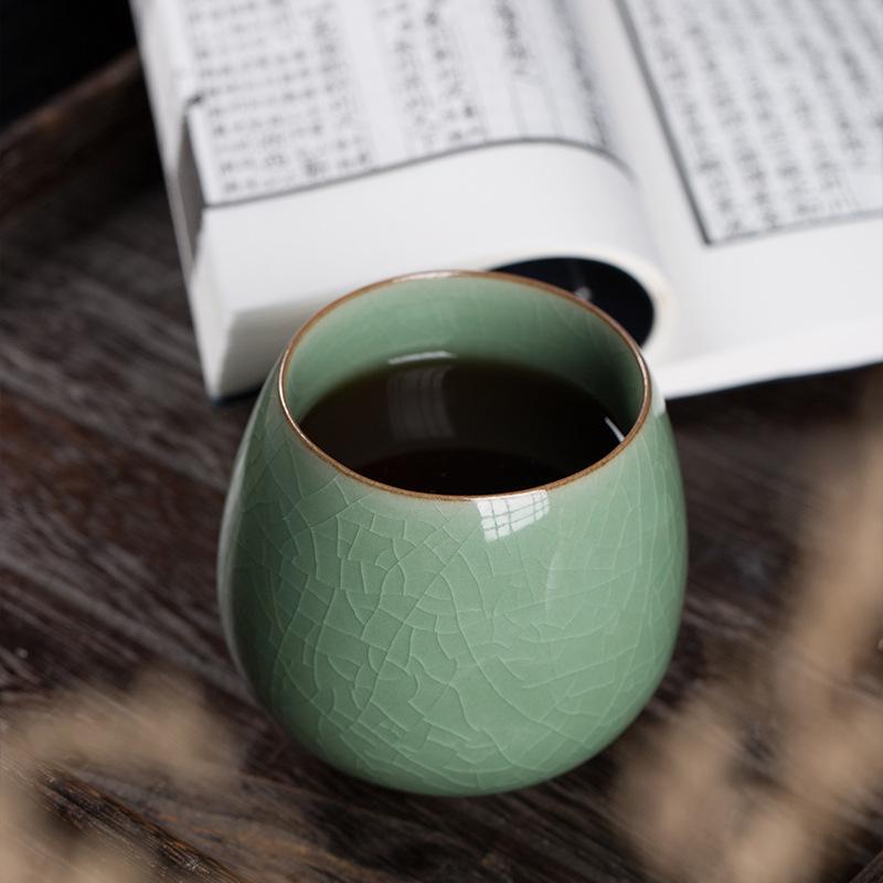 Longquan Celadon Ceramic Tea Cup - Handleless, Engravable, with Ice Crack Design for Home or Office Use