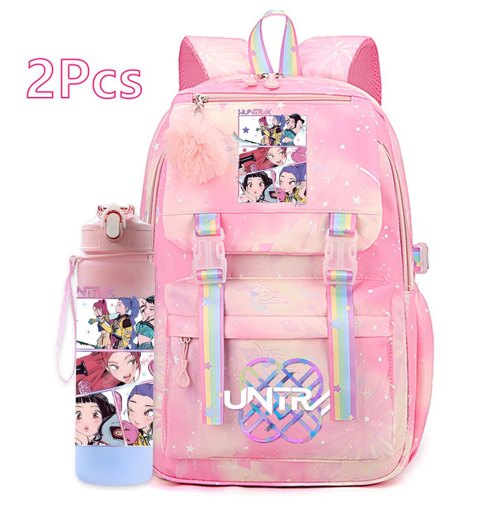 2Pcs/set Anime Cartoon Kpop Printed Backpack with 750Ml Water Bottler Large Capacity Travel Bag for Teenager Girl Boy Bookbag Kid Gift Rucksak