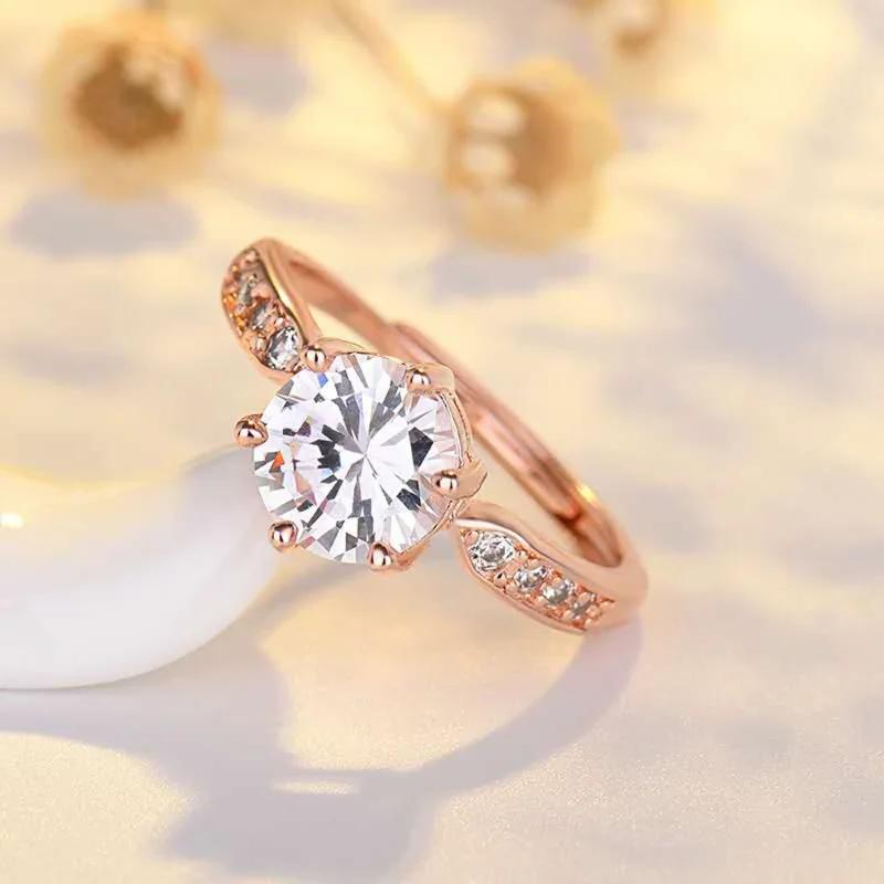 Adjustable Copper Plated Platinum 2Ct Six Claws Women Ring Rose Gold Silver Color Opening Wedding Finger Jewelry Dropshipping