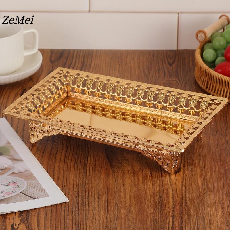 European Style Plated Openwork Square Shape Fruit Plate,Golden Alloy Disc Home Cheese Food Tray,Snack Disc Table Decoration