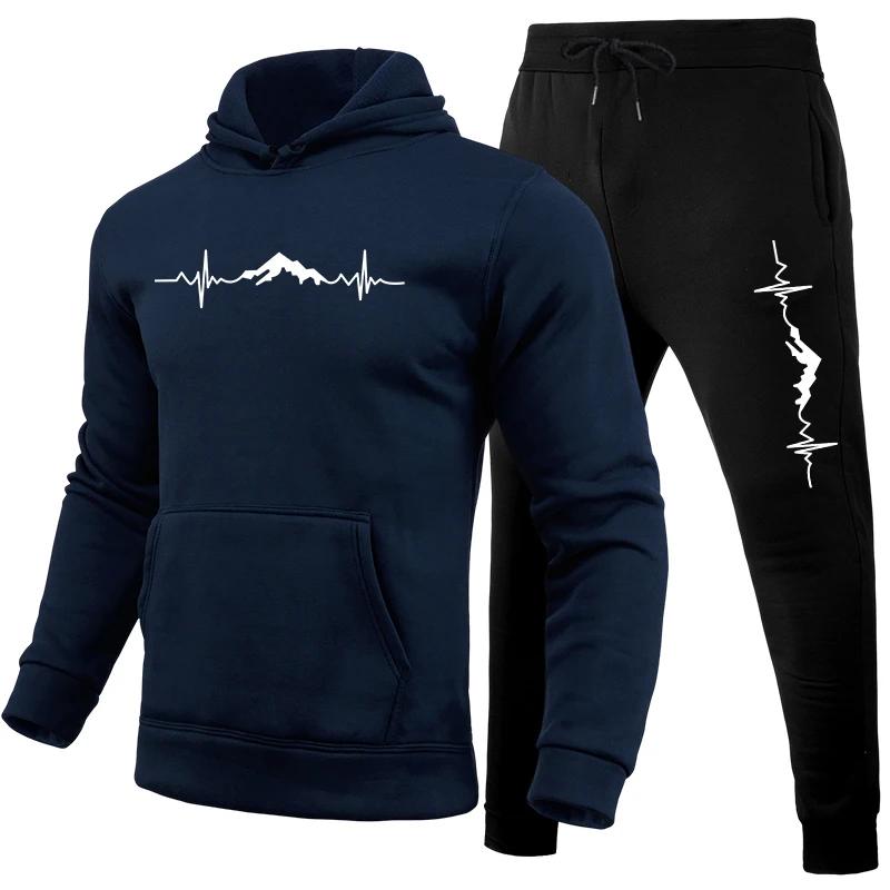 Sportswear 2pcs Set Women Hoodies Black Sweatpants Mountain Print Tracksuit Women's Daily Casual Sports Hooded Jogging Suits