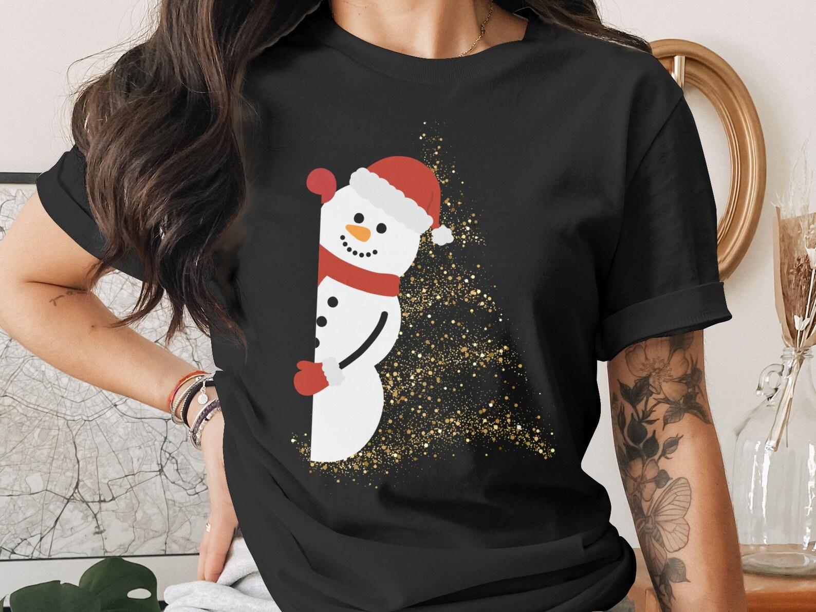 Peeking Snowman Christmas T-Shirt, Faux Gold Sparkle Print, Festive Holiday Tee L