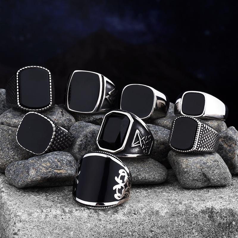 Simple Fashion Stainless Steel with Black Agate Stone Rings for Men Women High Quality Wedding Jewelry Gifts Dropshipping