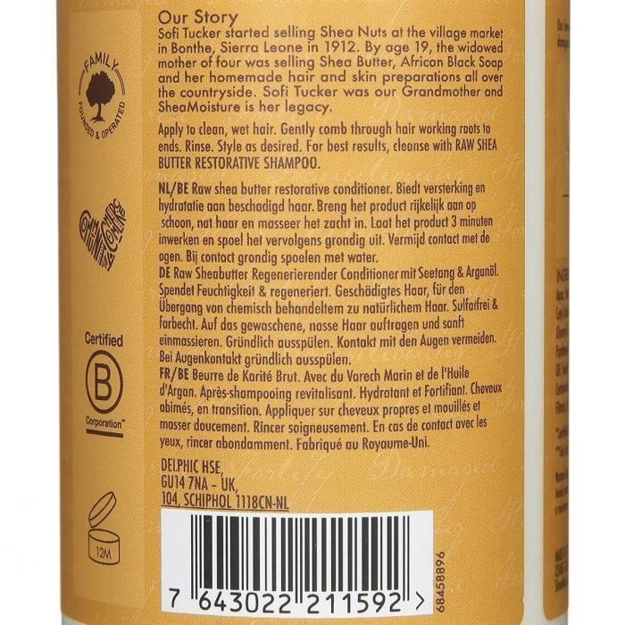 Shea Moisture Après-Shampooing Femme Hydratant et Revitalisant au beurre de karité brut pour cheveux abîmés 384ml