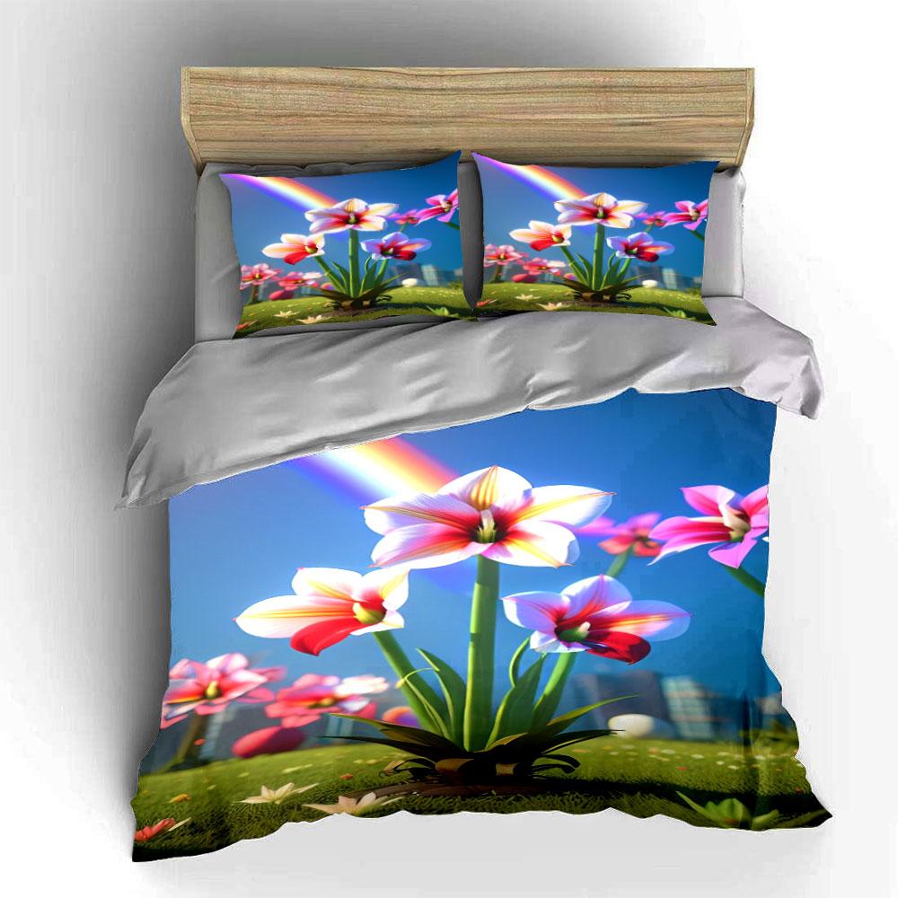 Pink Amaryllis with Rainbow. Bedding Sets Duvet Cover Sets Duvet Covers Pillowcases(1 * Duvet Cover 2 * Pillowcases, Without Duvet Insert)