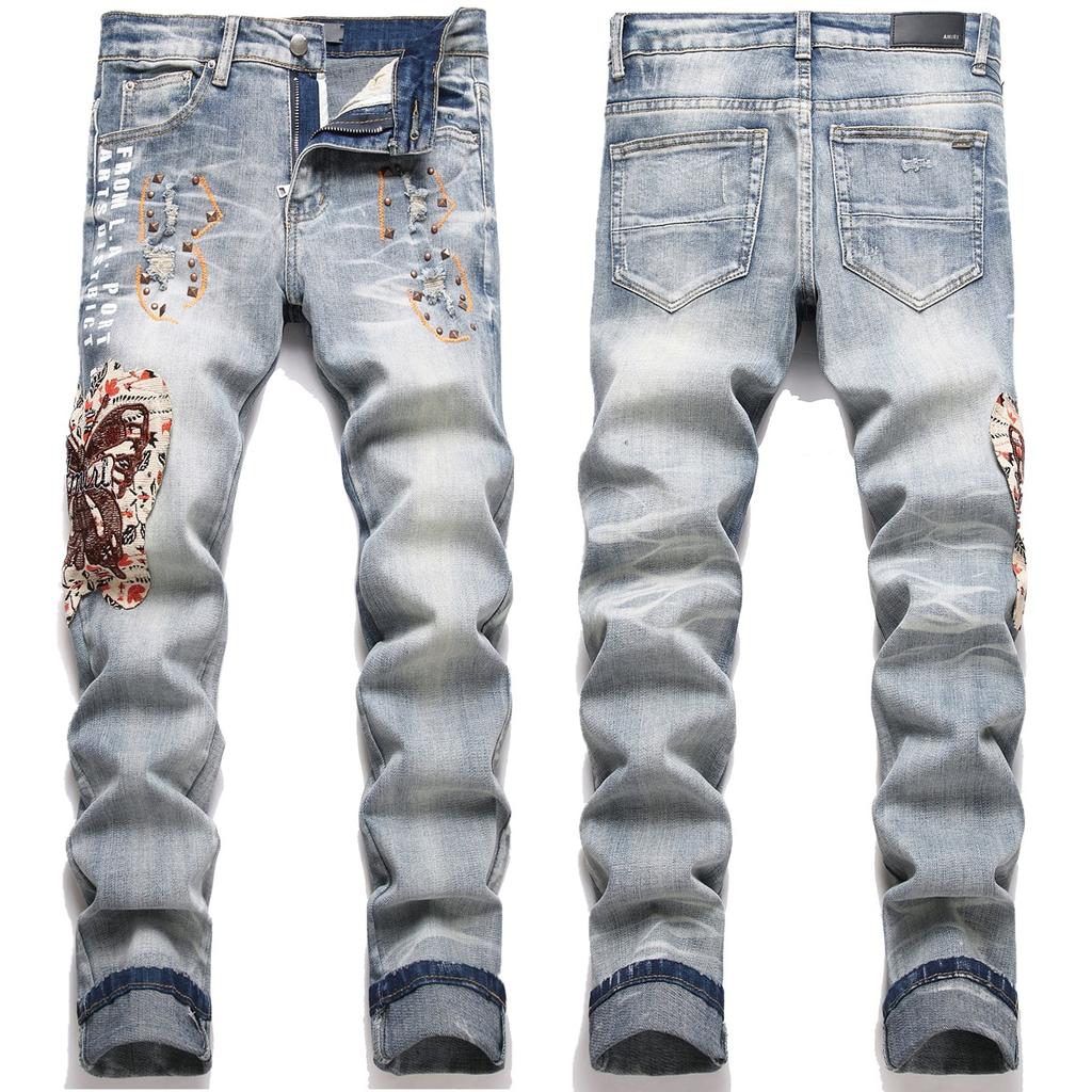 New Brand Slim Fit Elastic Perforated Patch Embroidered Fashionable Men's Small Leg Jeans