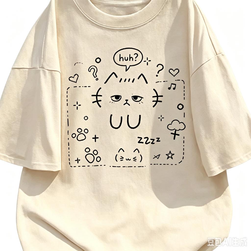 Cartoon Printed Fashion Pattern Tshirt Casual Shortsleeved White Cute Cat Summer Short Sleeved Harajuku Streetwear Tops Tee