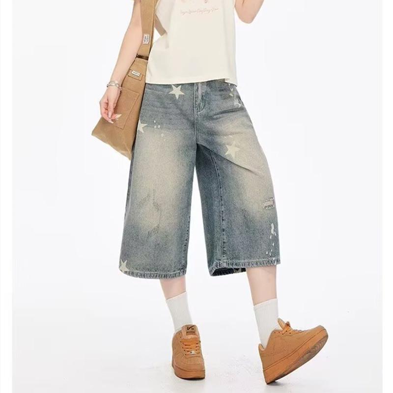 American trendy brand star seven-point jeans men's new summer straight couple pants casual shorts women