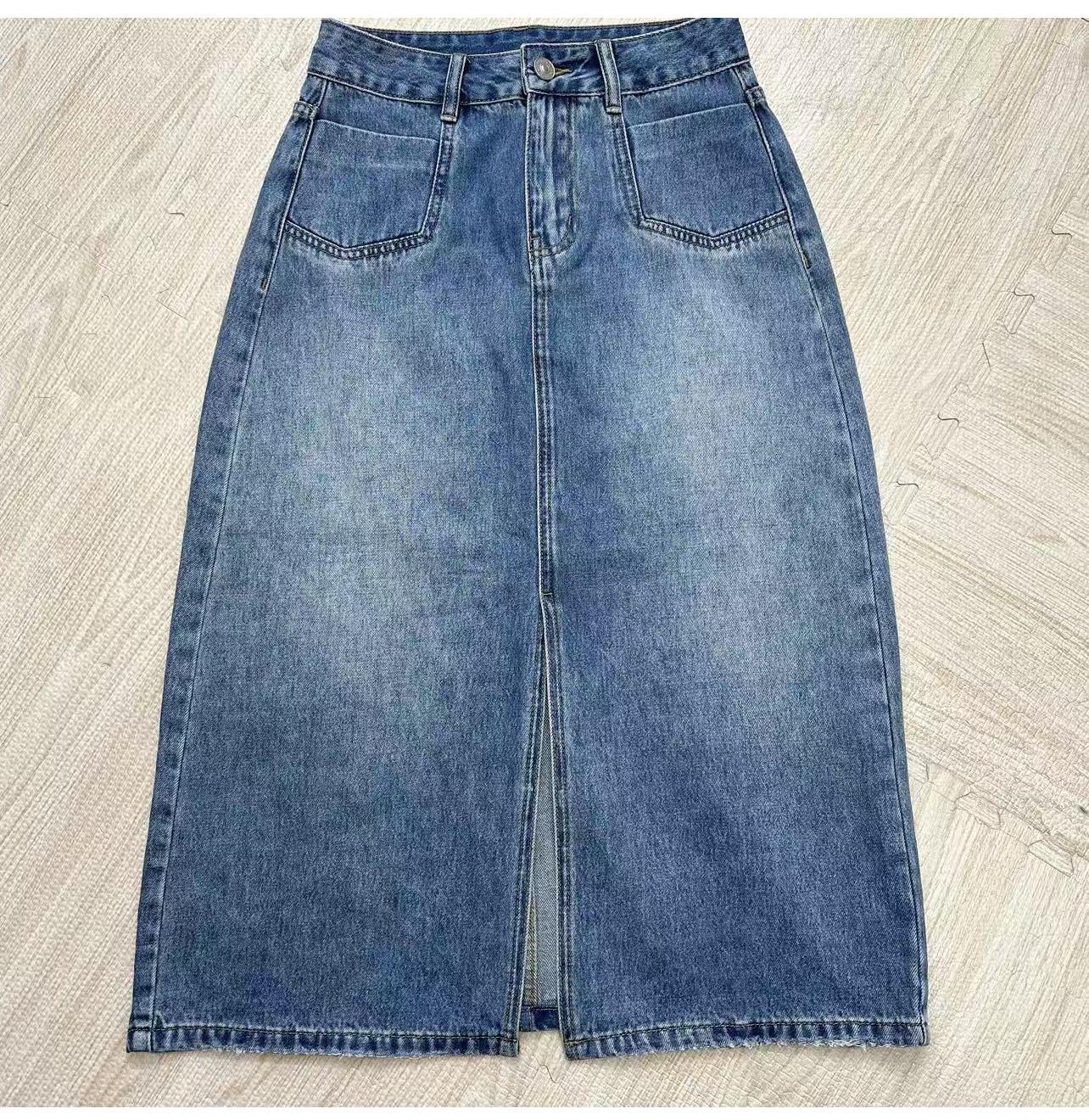 Ретро джинсовая юбка-миди А-силуэта с высокой талией, стройнящая, с разрезом XXL синий