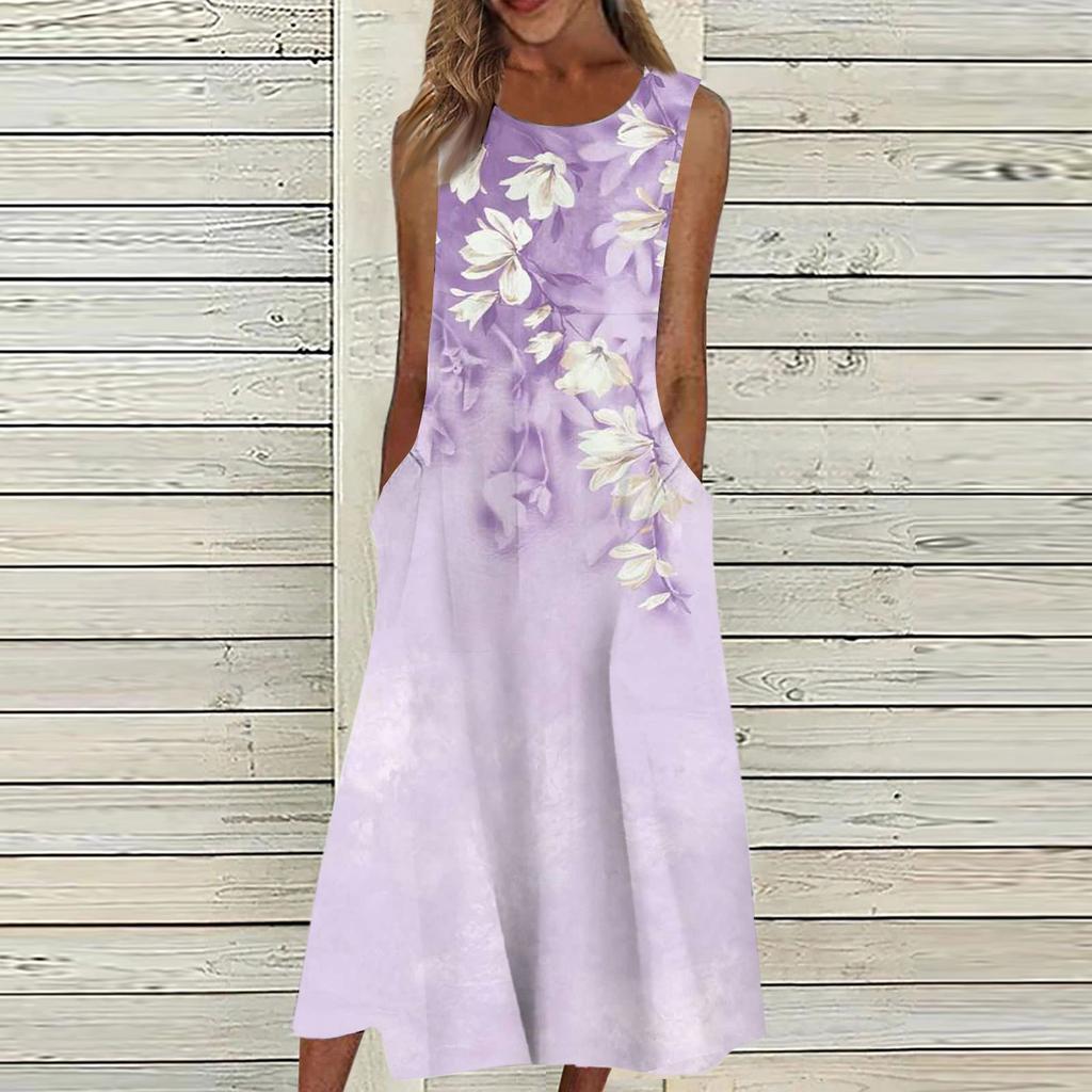 Dámské neformální tištěné šaty s kulatým výstřihem, základní klasické venkovní denní šaty bez rukávů volné