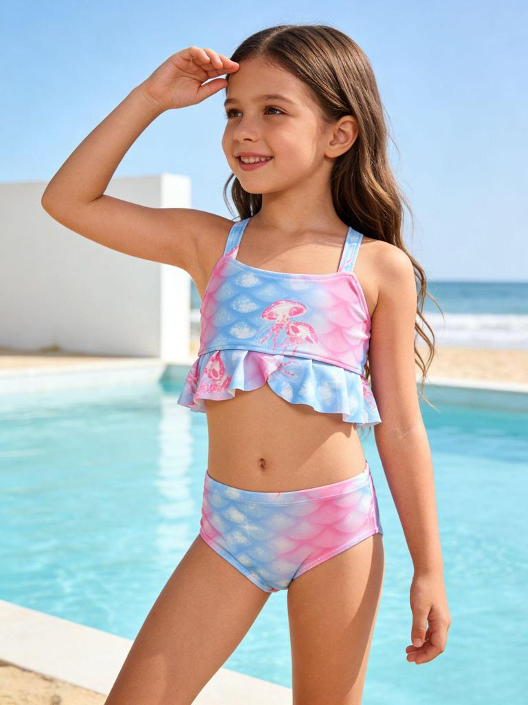 Girls' Three-Piece Mermaid Swimsuit - Split Style, Sizes S-L