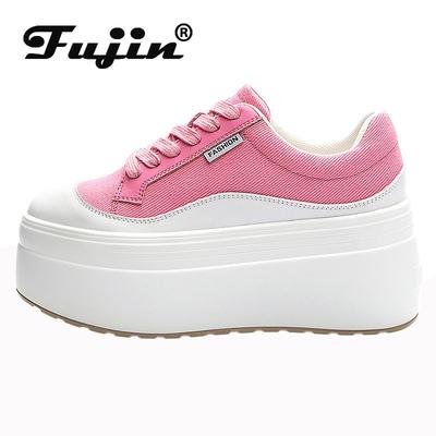 Fujin 8cm New Canvas Genuine Leather Women Fashion Sneakers Platform Shoes Wedge Hidden Heel Ladies Summer Mixed Color Vulcanize