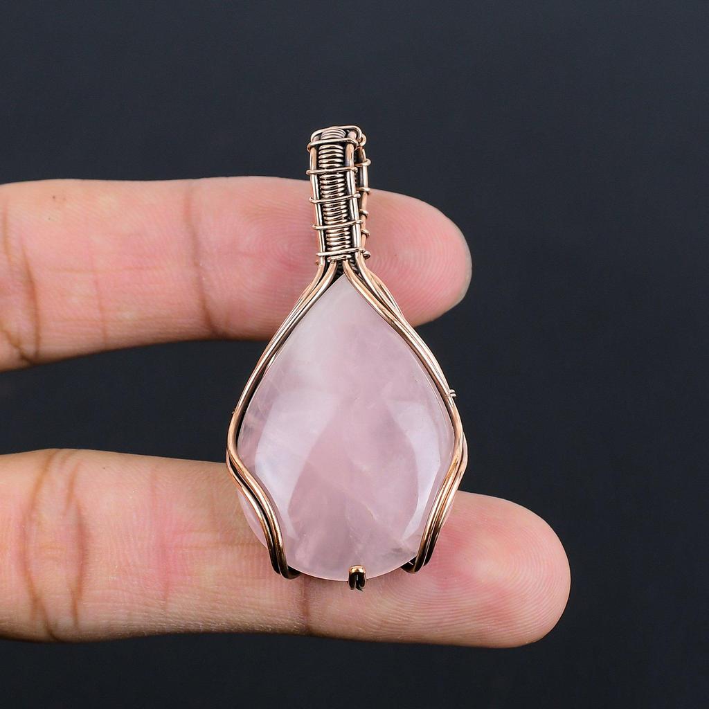 Rose Quartz Gemstone Pendant | Oxidized Copper Wire Wrapped | Necklace Pendant | Handmade Copper Pendant Jewelry Gift For Her/himLC-305