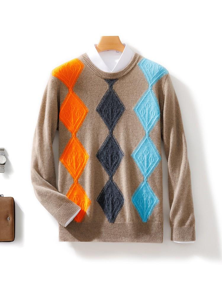 Men's Wool Color Block Round Neck Sweater - 2024 Autumn/Winter Collection