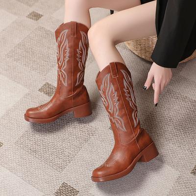 Western Cowboy Boots All-in-one Adult Women's Boots Embroidered Sleeve Rider Motorcycle Boots Mid-calf  Womens Shoes
