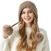 Karierte Dreikugel Verdickte Kaninchenfellmütze Damen Winter Samt Outdoor Warme Bommel Strickmütze