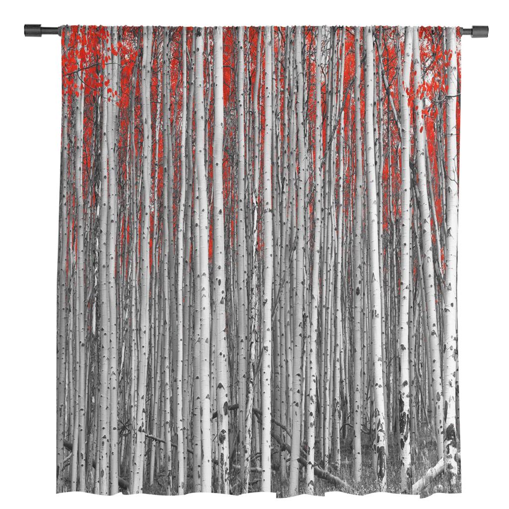 Red Leaves Birch Tree Forest Sheer Curtains Living Room Window Tulle Curtains For Bedroom Kitchen Home Decoration Voile Drapes