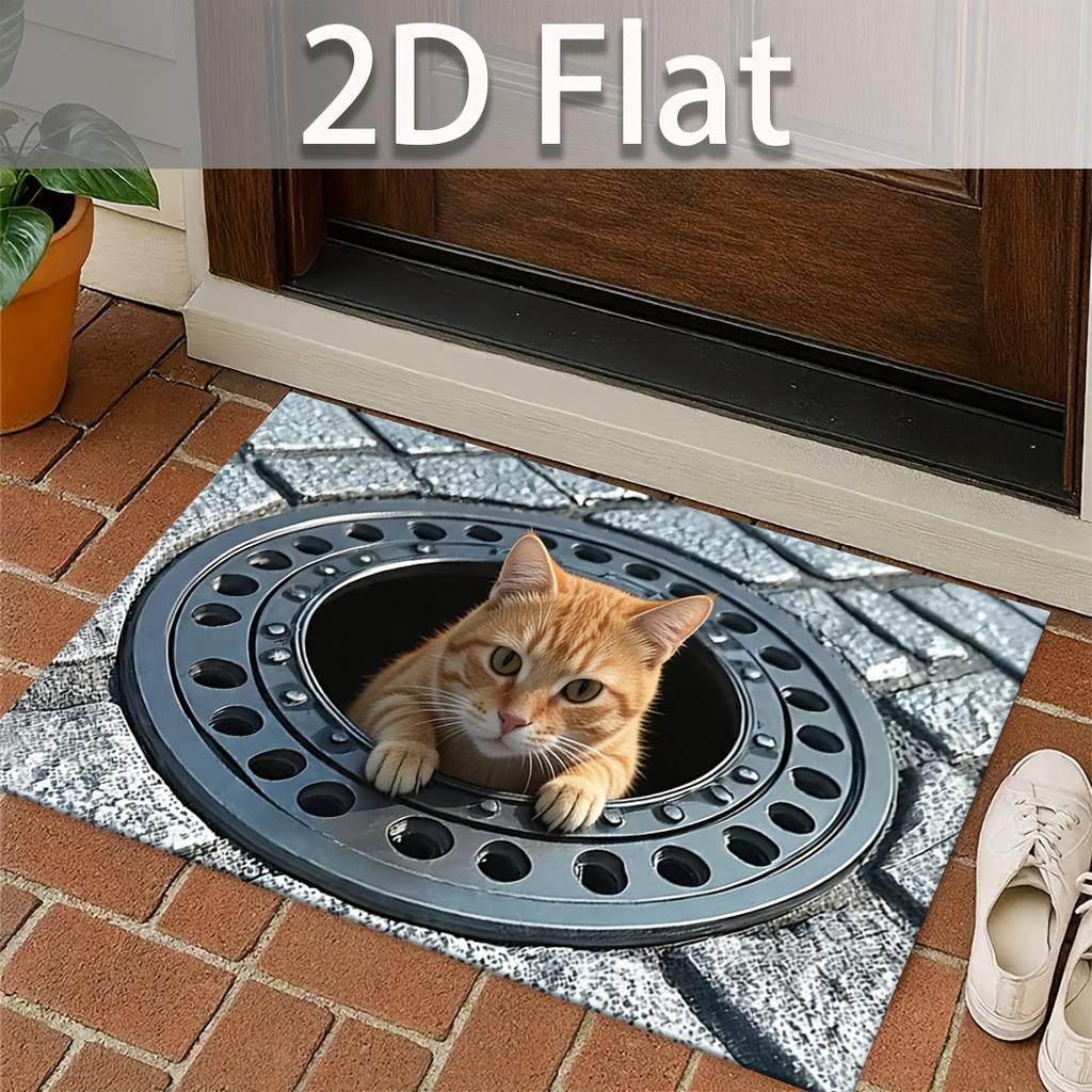 3D Visual Manhole Cover Cat Doormat for Entryway, Perfect for Holiday Dining and Home Decor, Indoor/outdoor Party Decoration, 2D Flat