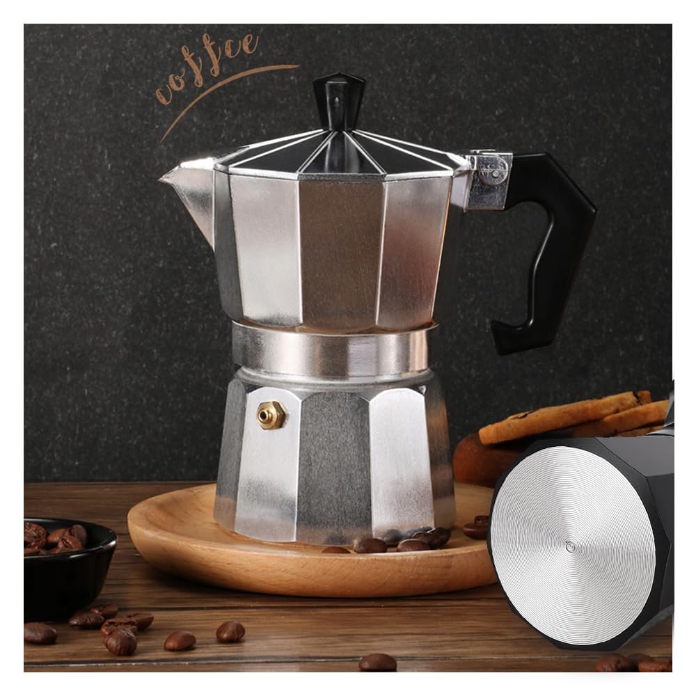 Black Moka Pot Aluminum Espresso Maker with Fireplace, Outdoor Coffee, 3-Cup 150ml Capacity