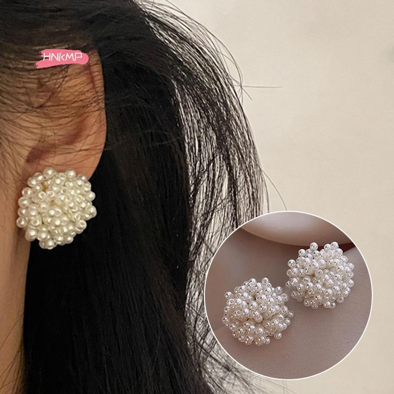 1Pair Women's Gentle White Pearl Flower Stud Earrings High-End Ear Clip for Wedding Party Jewelry Accessory Gift