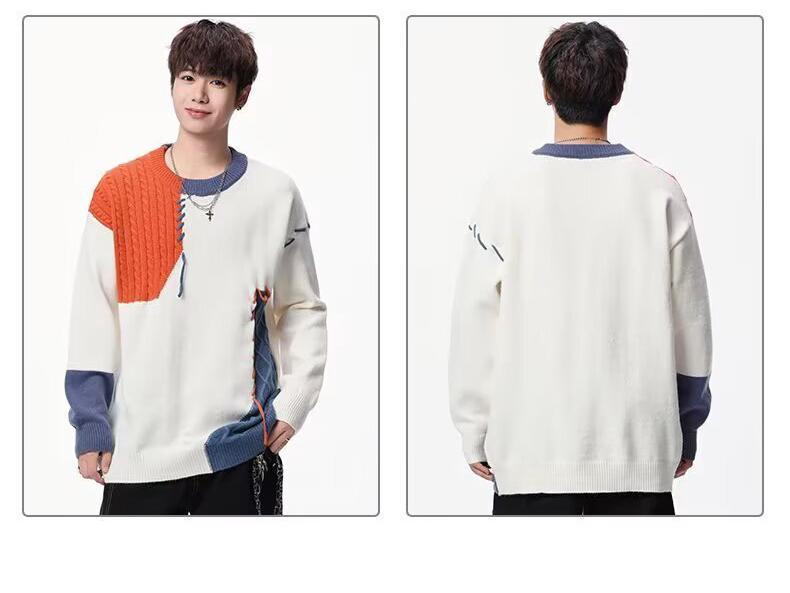 Men's Patchwork Color Block Sweater - Winter Casual Loose Fit Knitwear with Personality Design